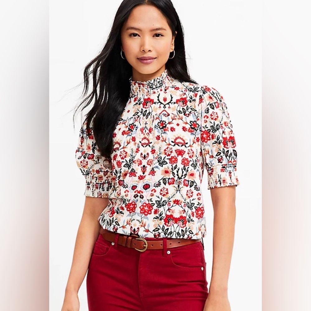 Loft Boho Floral Smocked Yoke Blouse in Cream, Red & Black - Large